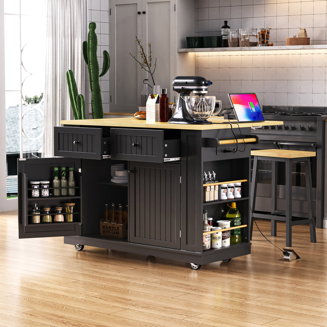 48'' Rolling Large Black Kitchen Island Cart with Drop Leaf Power Outlet