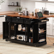 53'' Farmhouse Rolling Black Kitchen Island Cart on Wheels with Drop Leaf Power Outlet
