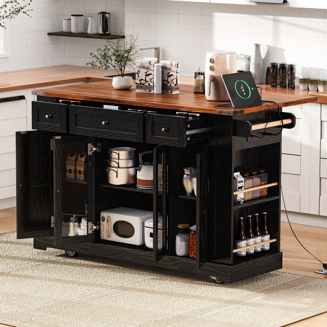 53'' Farmhouse Black Rolling Kitchen Cart Island with 2 Cabinet Doors Power Outlet