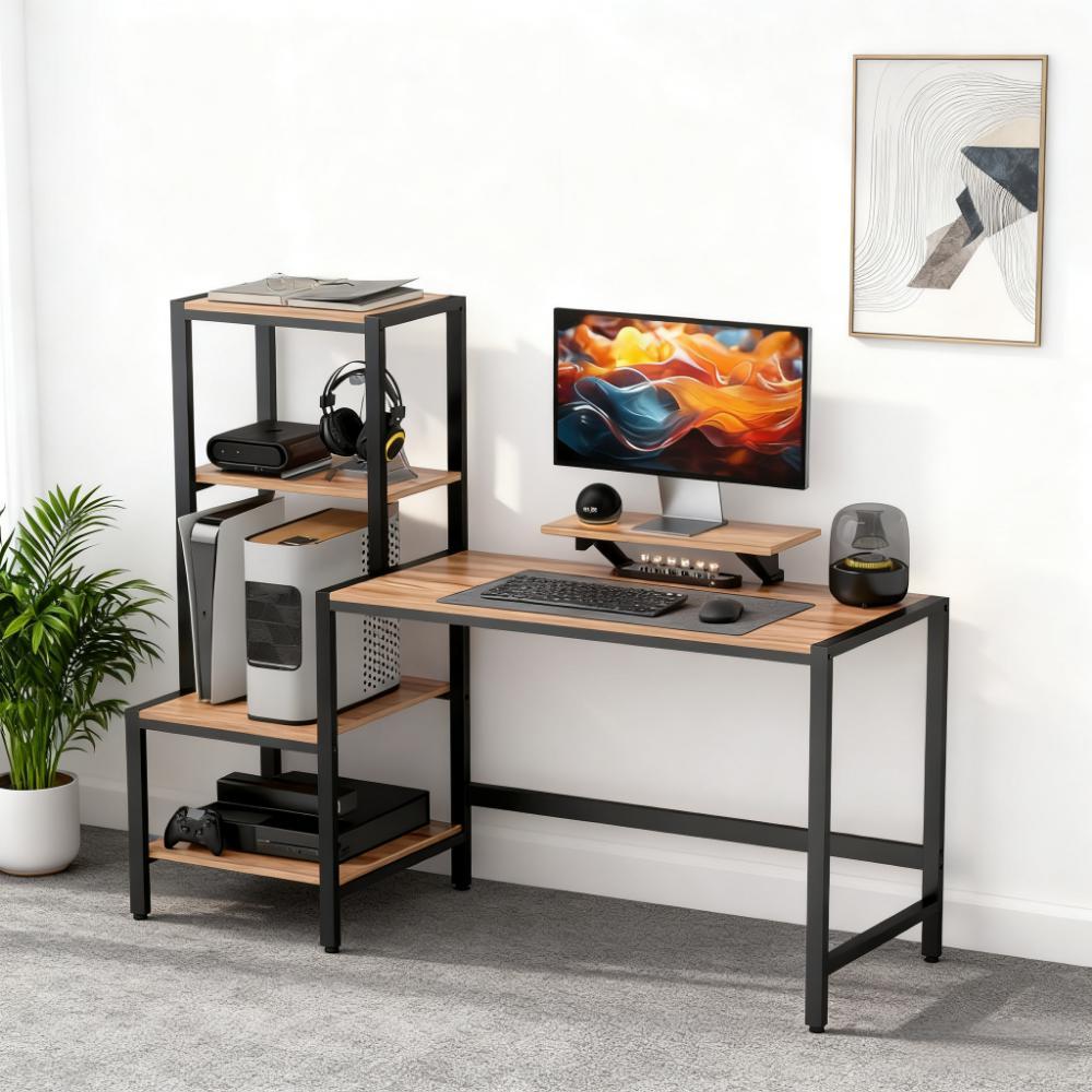 Brown CPU Computer Desk with Monitor Stand With Reversible 4-Tier Shelf