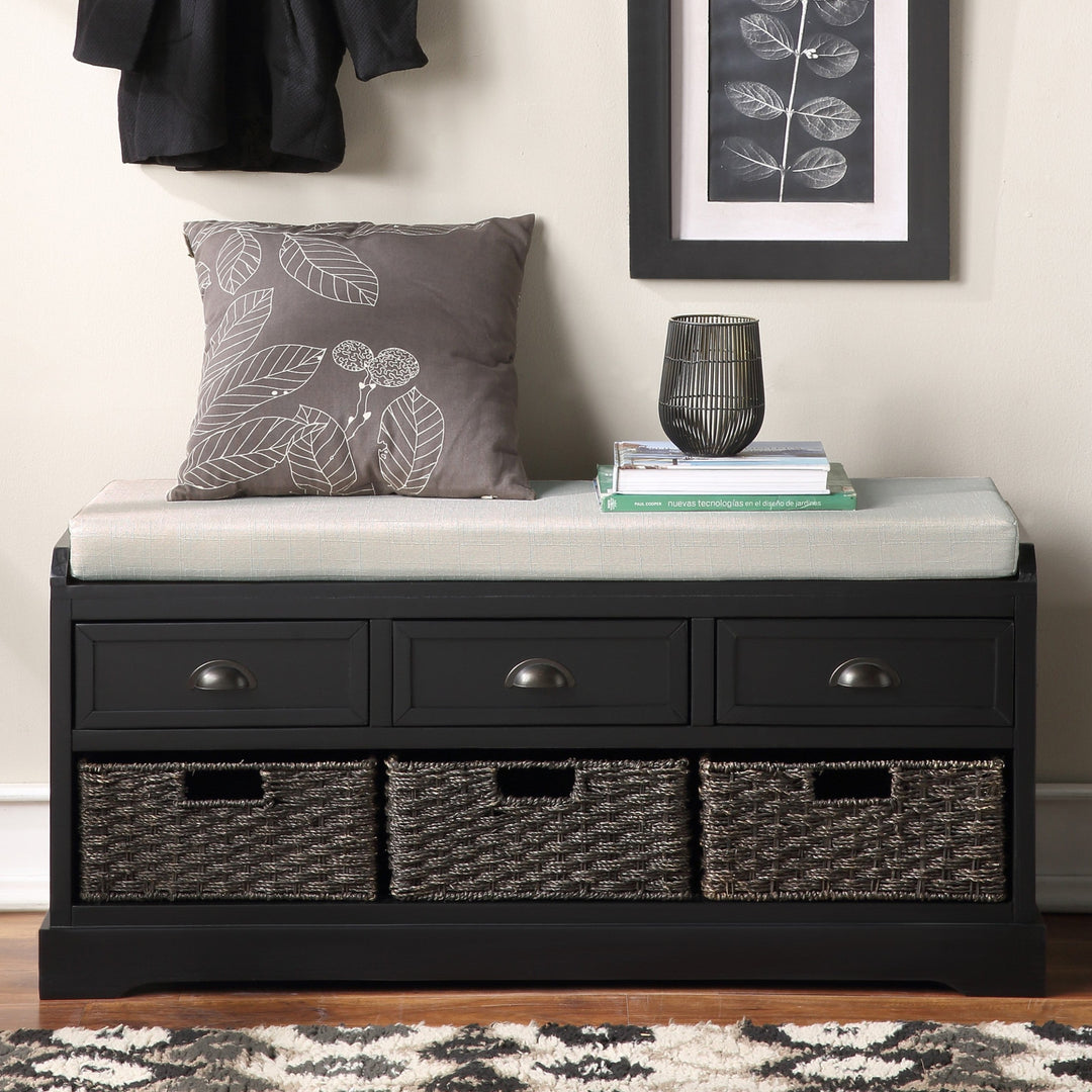 Wood Black Storage Bench with 3 Drawers and 3 Baskets