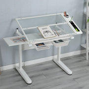 Hand Crank Adjustable White Drafting Table Drawing Desk With Stool & 2 Metal Drawers