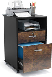 Rolling Rustic Brown Printer Stand Mobile File Cabinet with Open Shelf & Lock