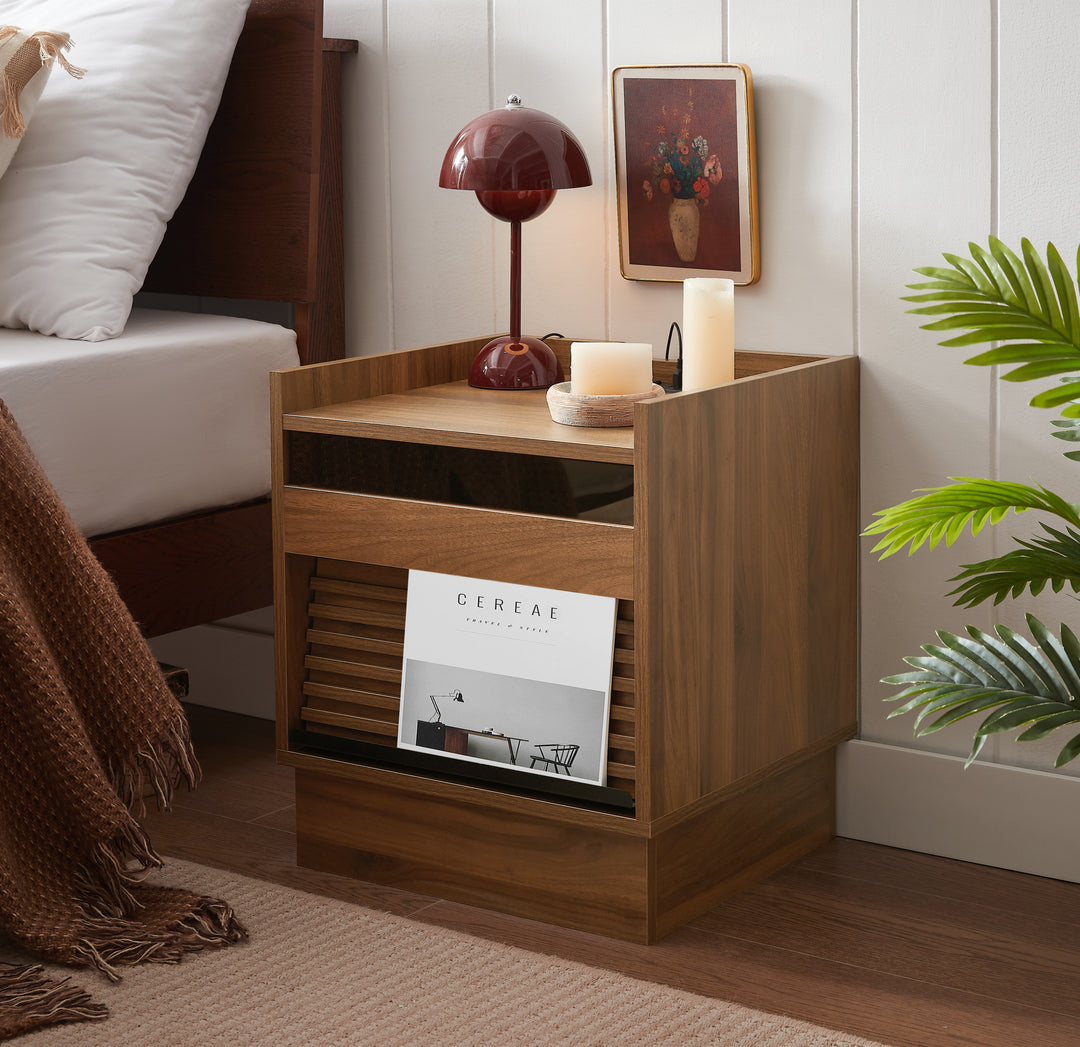 Modern Brown Nightstand with Charging Station LED Lights & 2 Drawers