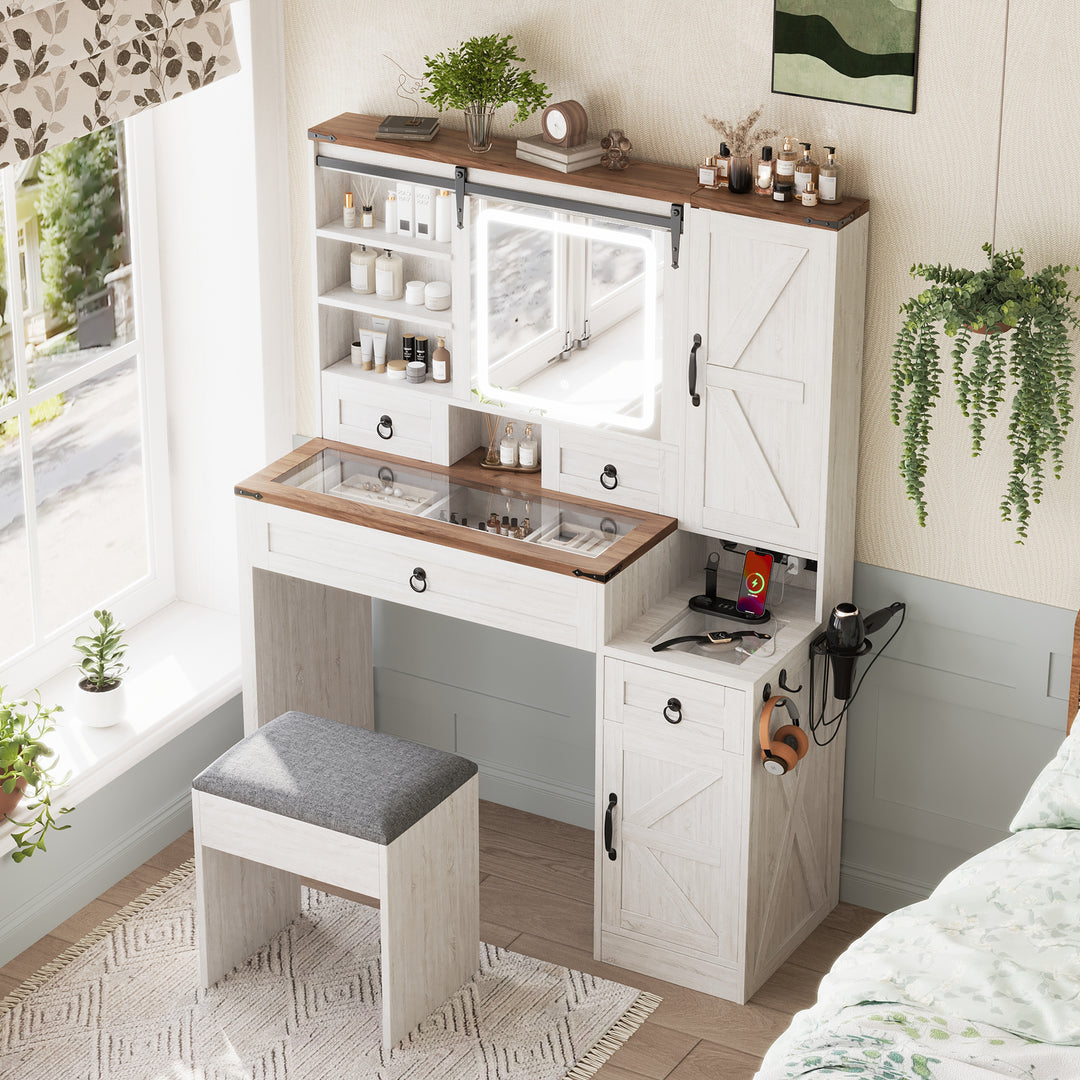Farmhouse White Makeup Vanity Desk with Sliding Mirror and Lights