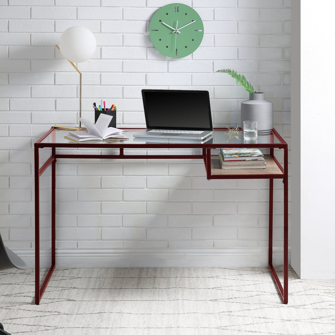 Glass Top & Red Finish Rectangular Writing Desk With Storage