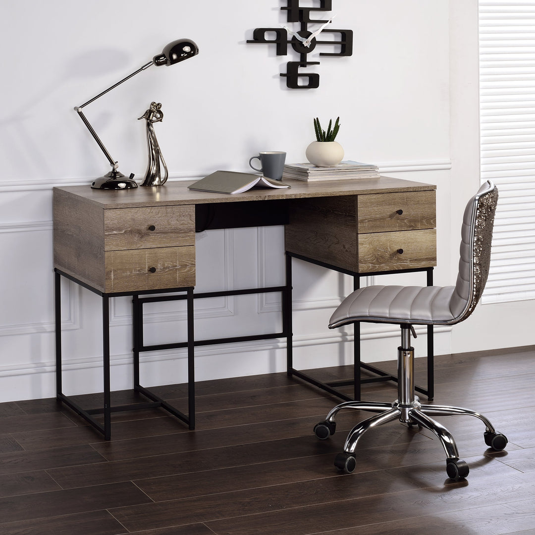 Rustic Oak & Black Finish Wirting Desk With Four Spacious Storage Drawers USB Port