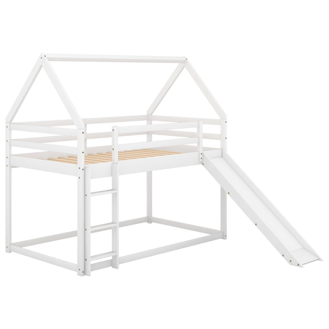 White Twin Bunk House Bed with Slide and Ladder