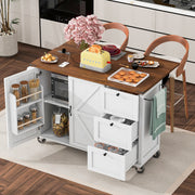 54.5'' Farmhouse White Kitchen Cart on Wheels Island with Drop Leaf Power Outlet
