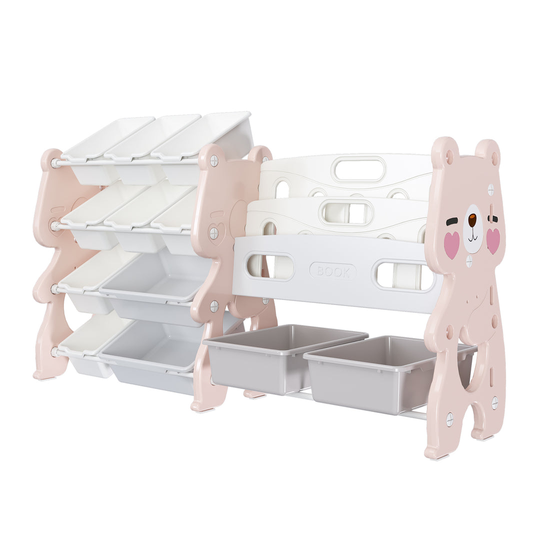 Pink Kids Toy Storage Organizer with 2 Tier Bookshelf and 12 Toy Bins