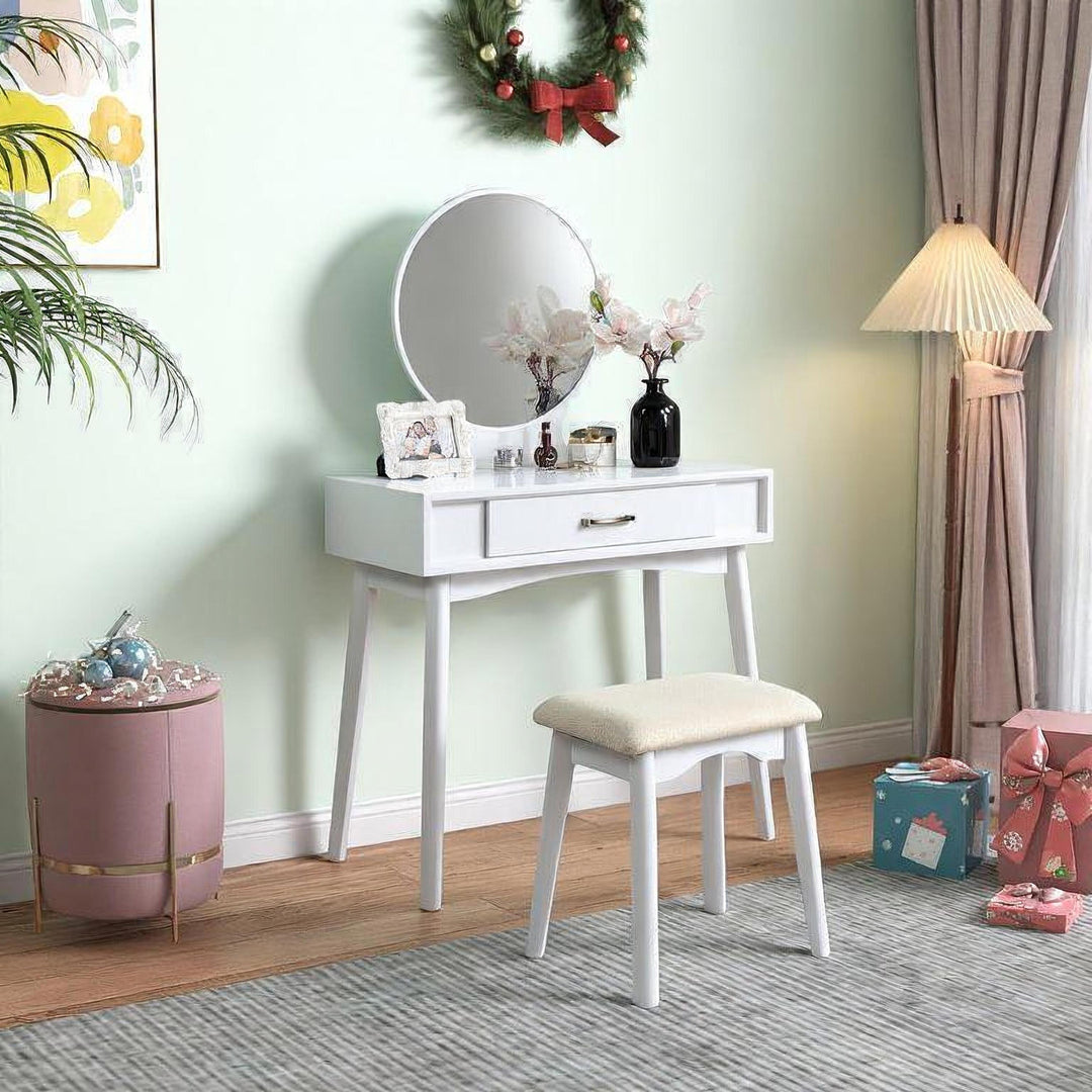 Contemporary Wood White Makeup Vanity Desk and Stool Set