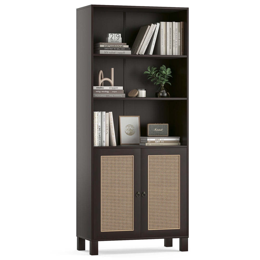 5 Tier Walnut Storage Wood Shelves Large Bookshelf with Rattan Doors