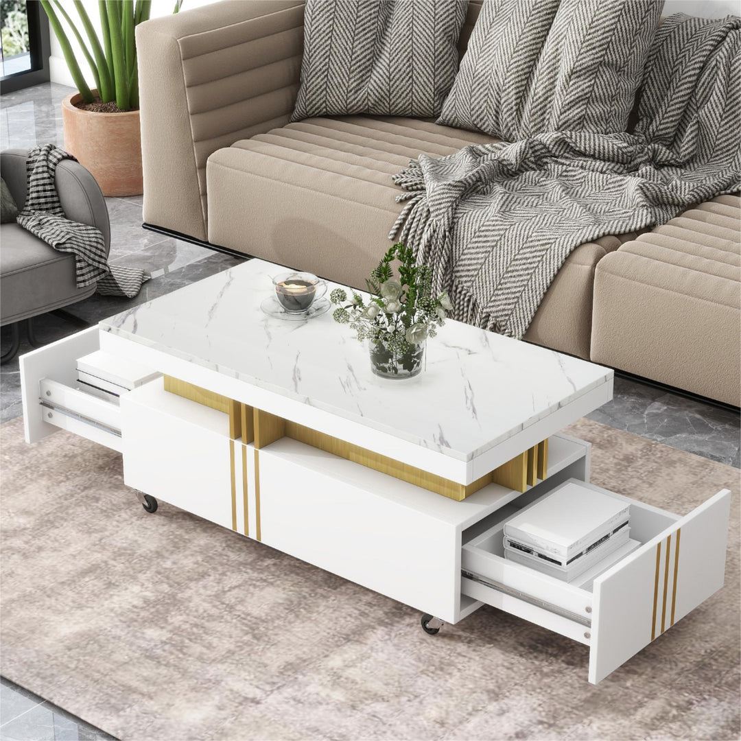 Contemporary Faux Marble Top White Cocktail Coffee Table with Caster Wheels
