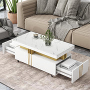 Contemporary Faux Marble Top White Cocktail Coffee Table with Caster Wheels