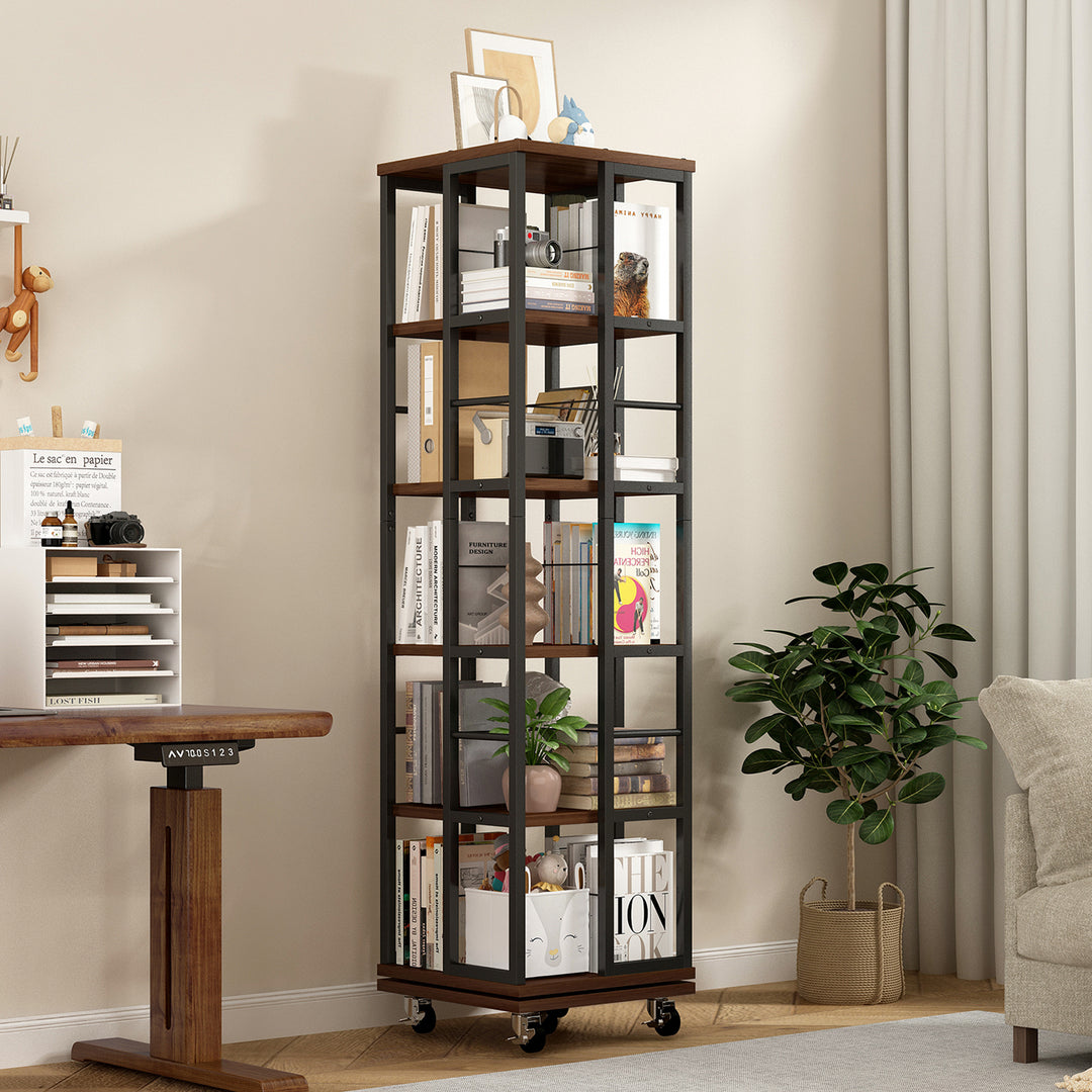 360 Display Wood Spinning 5 Tiers Rotating Rustic Brown Bookshelves