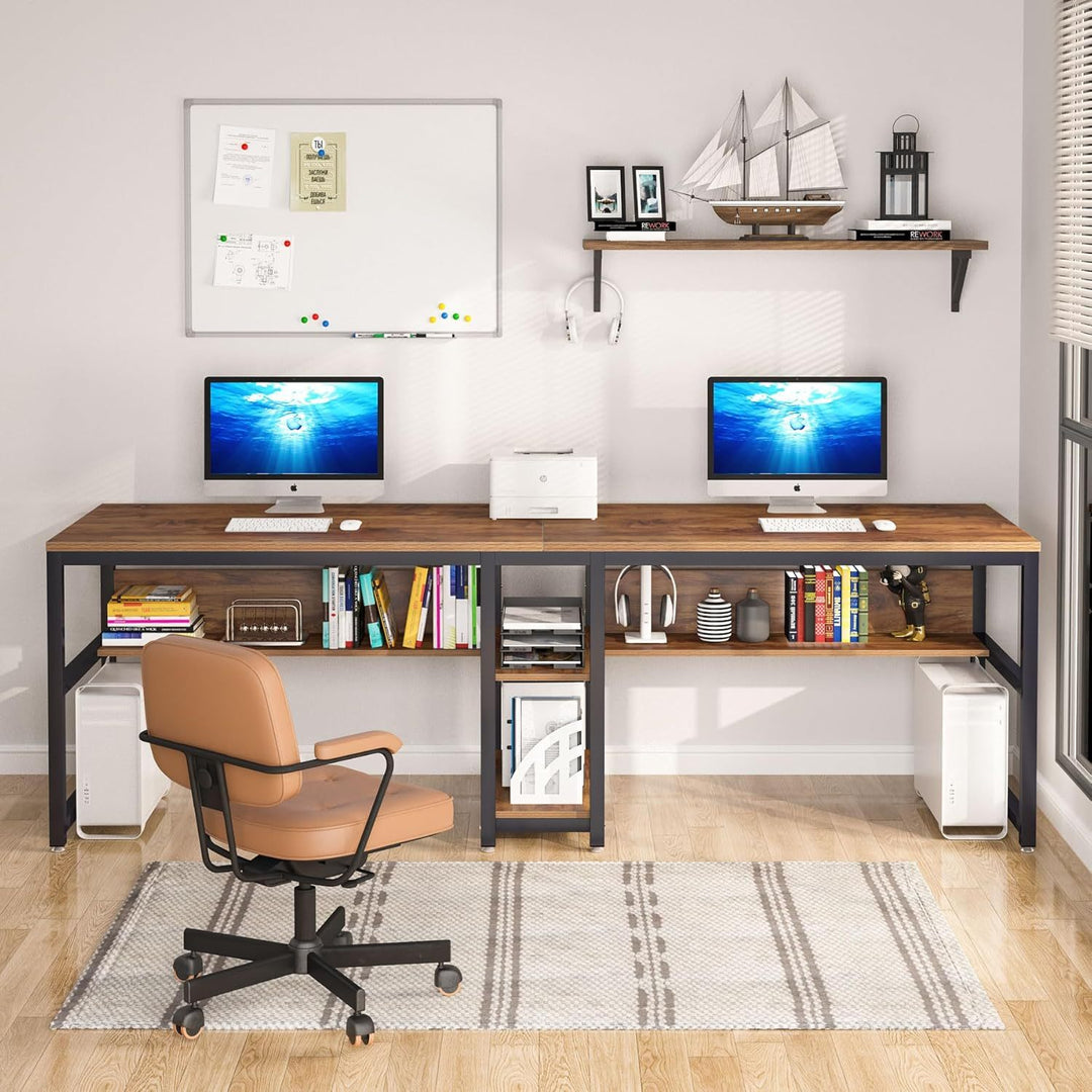 78.7'' Rustic Brown Industrial 2-Person Computer Workstation with Storage Shelves