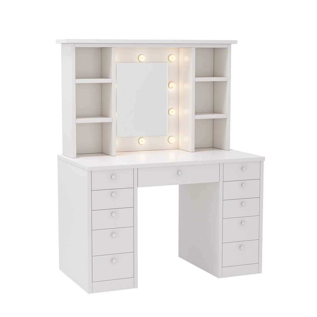 White MDF Makeup Vanity Desk with LED Lighted Mirror 11 Drawers