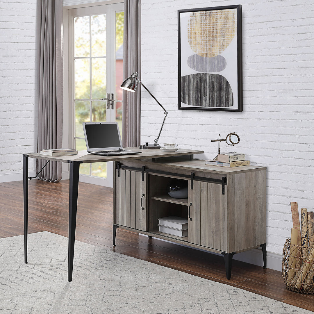 Industrial Grey Oak L-Shaped Writing Computer Desk with Sliding Barn Door