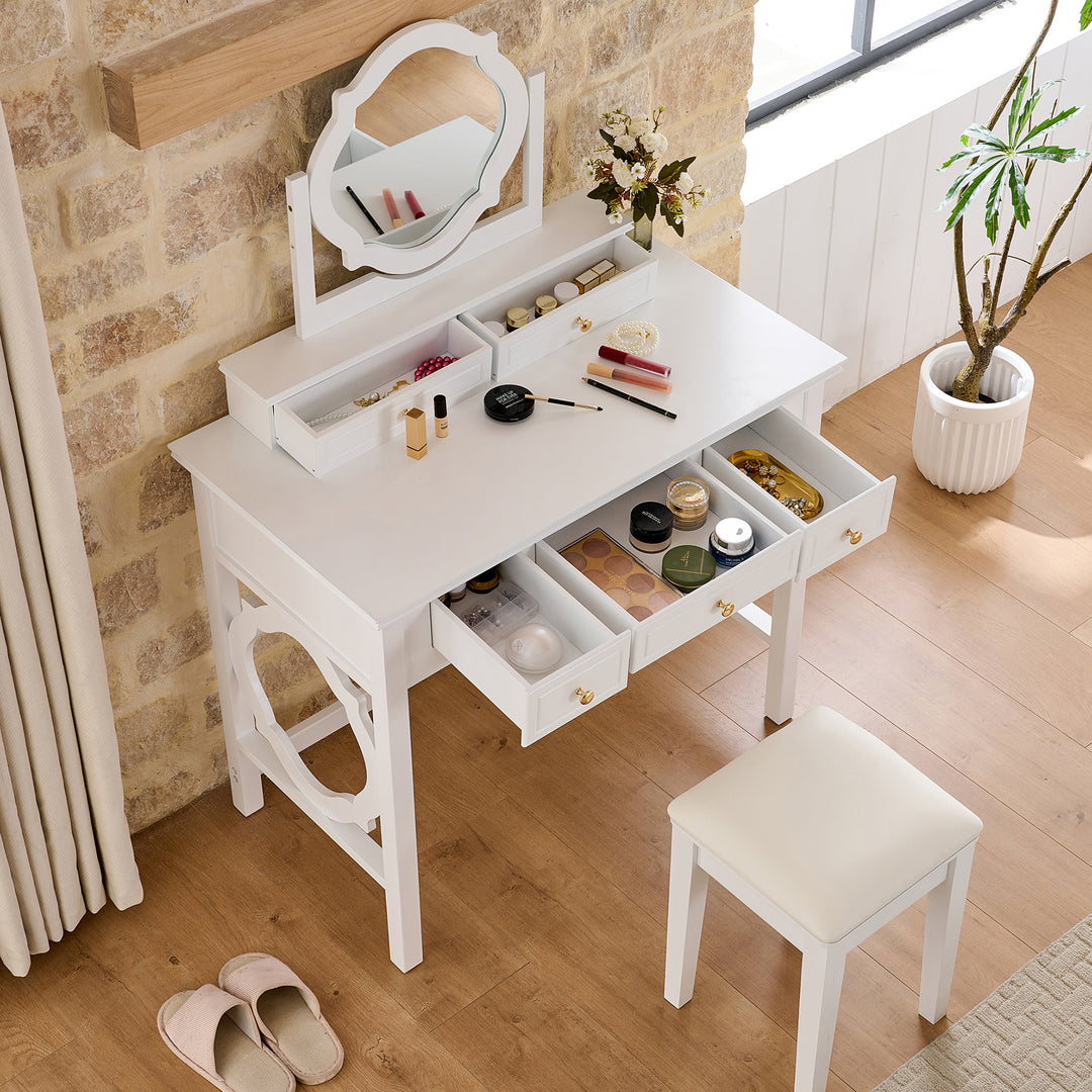 Compact White Makeup Vanity Table with Stool & Reversible Mirror