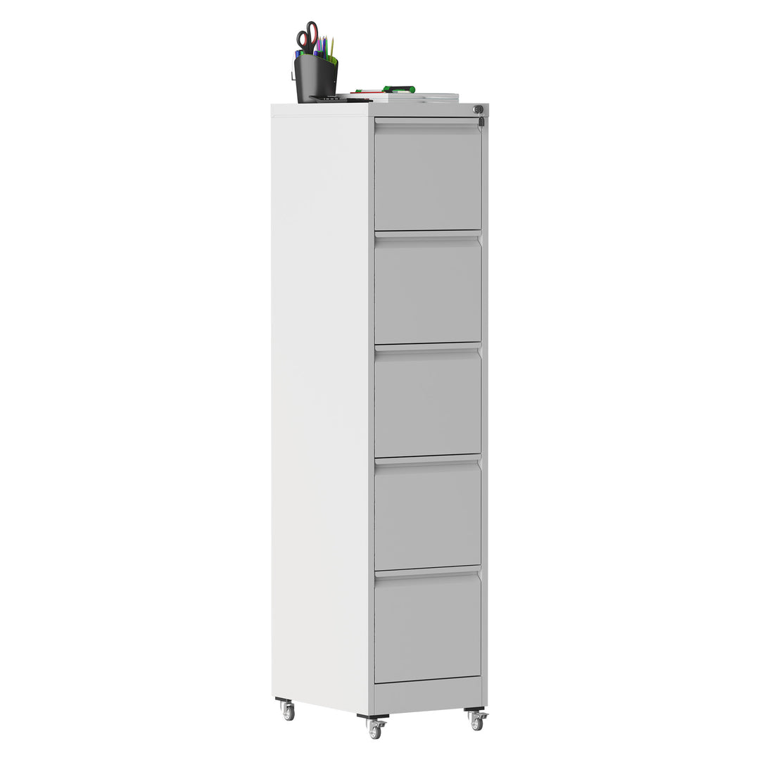 Heavy Duty 5 Drawer Metal Vertical White File Cabinet with Lock and Wheels
