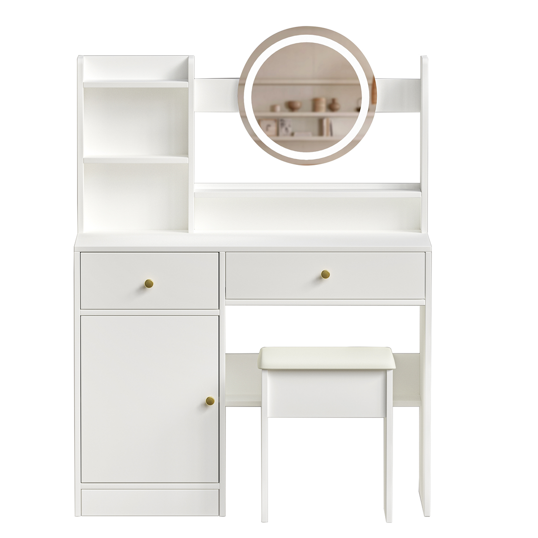 Fashion White Makeup Vanity Desk with Cushioned Chair Mirror and Lights