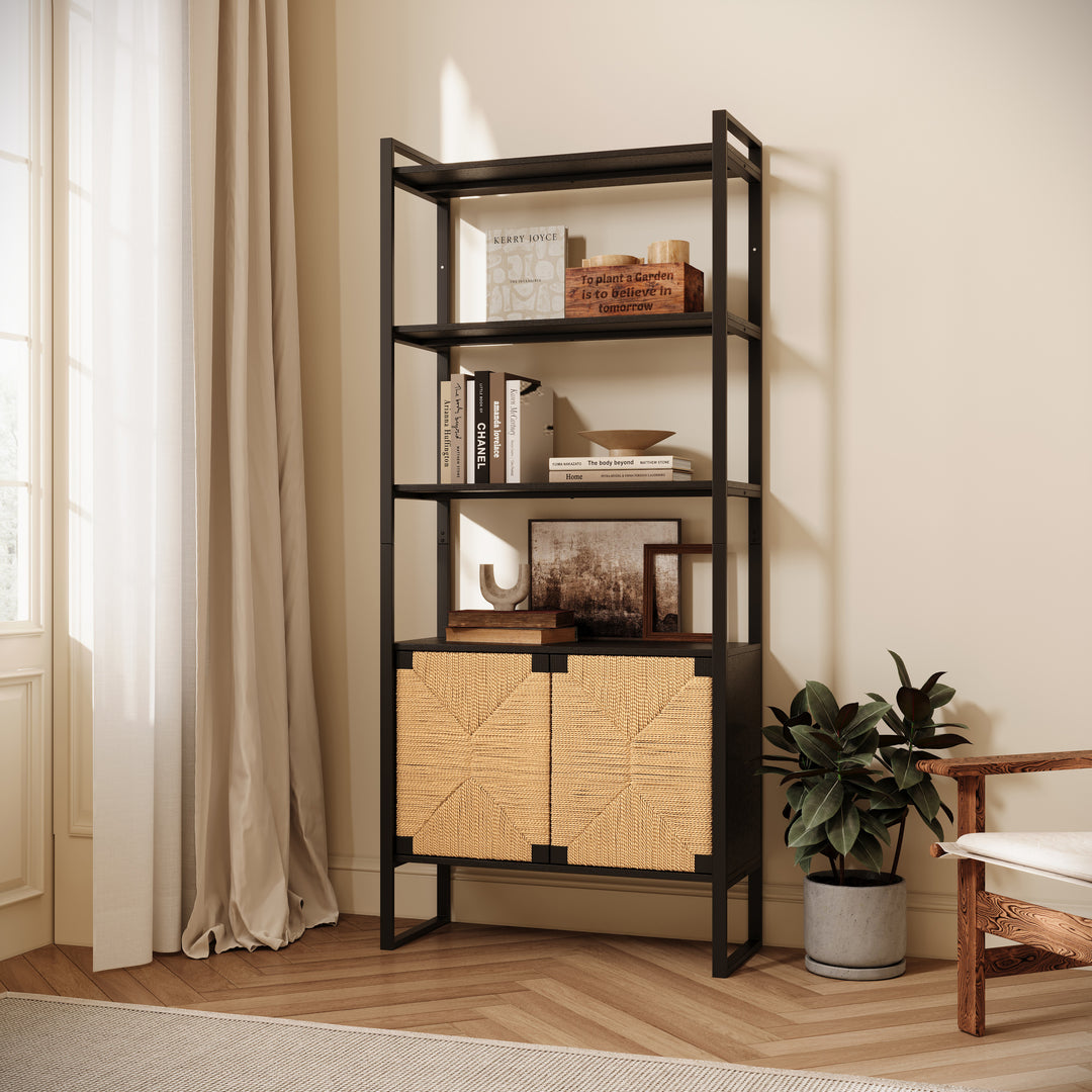 Natural Rattan Cabinet door Storage Bookshelf with Closed Cabinet
