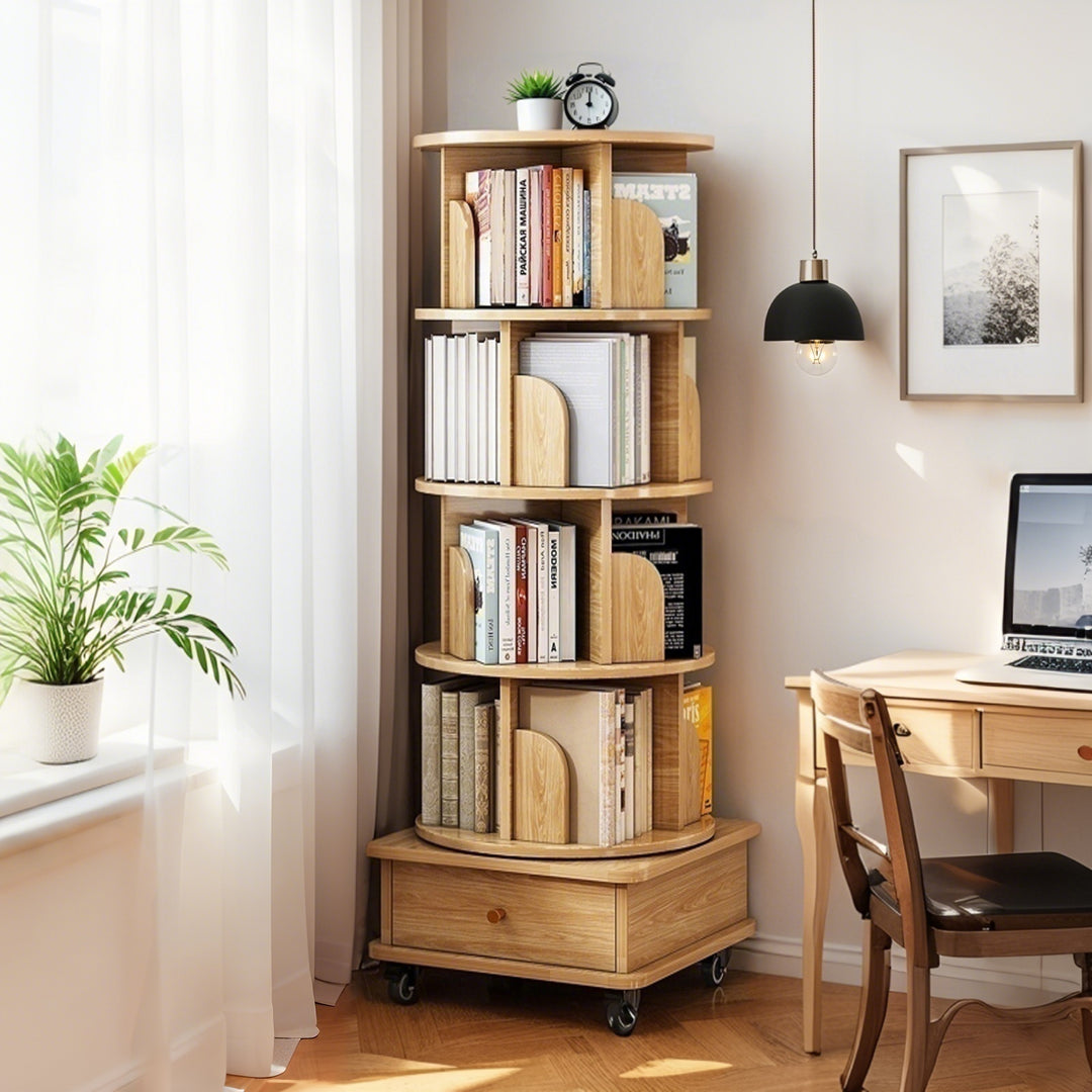 360° Display Round Spinning 5 Tier Bookshelf with Wheels