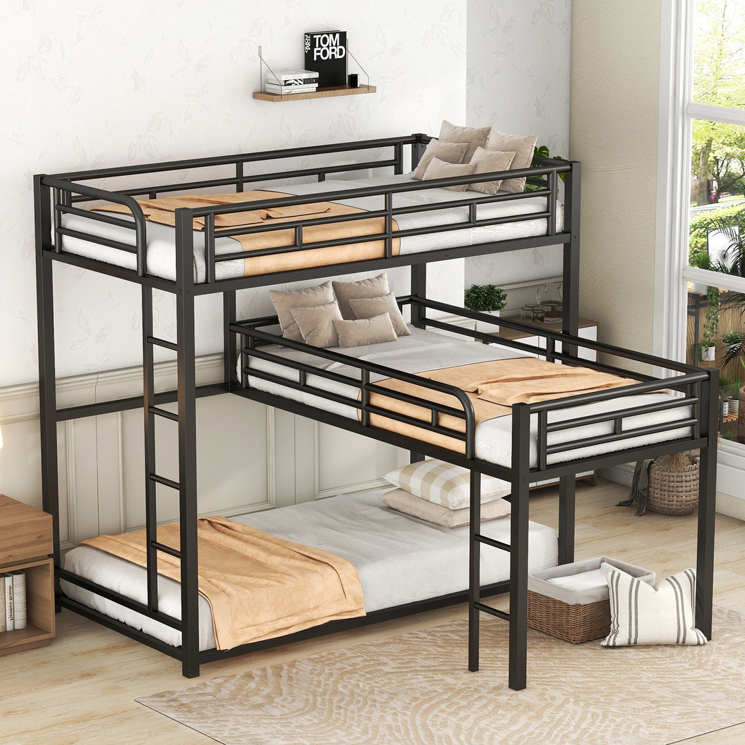 Modern L-shaped Twin Size Black Bunk Bed with Integrated Ladder and Guardrails
