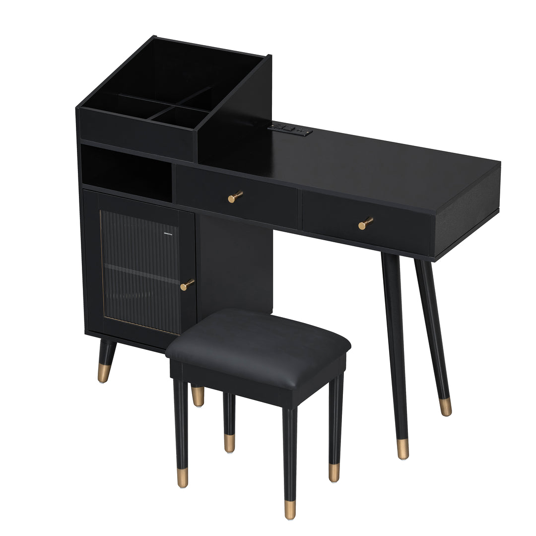 Modern Black Makeup Vanity Desk with Drawers Cabinet & Charging Port