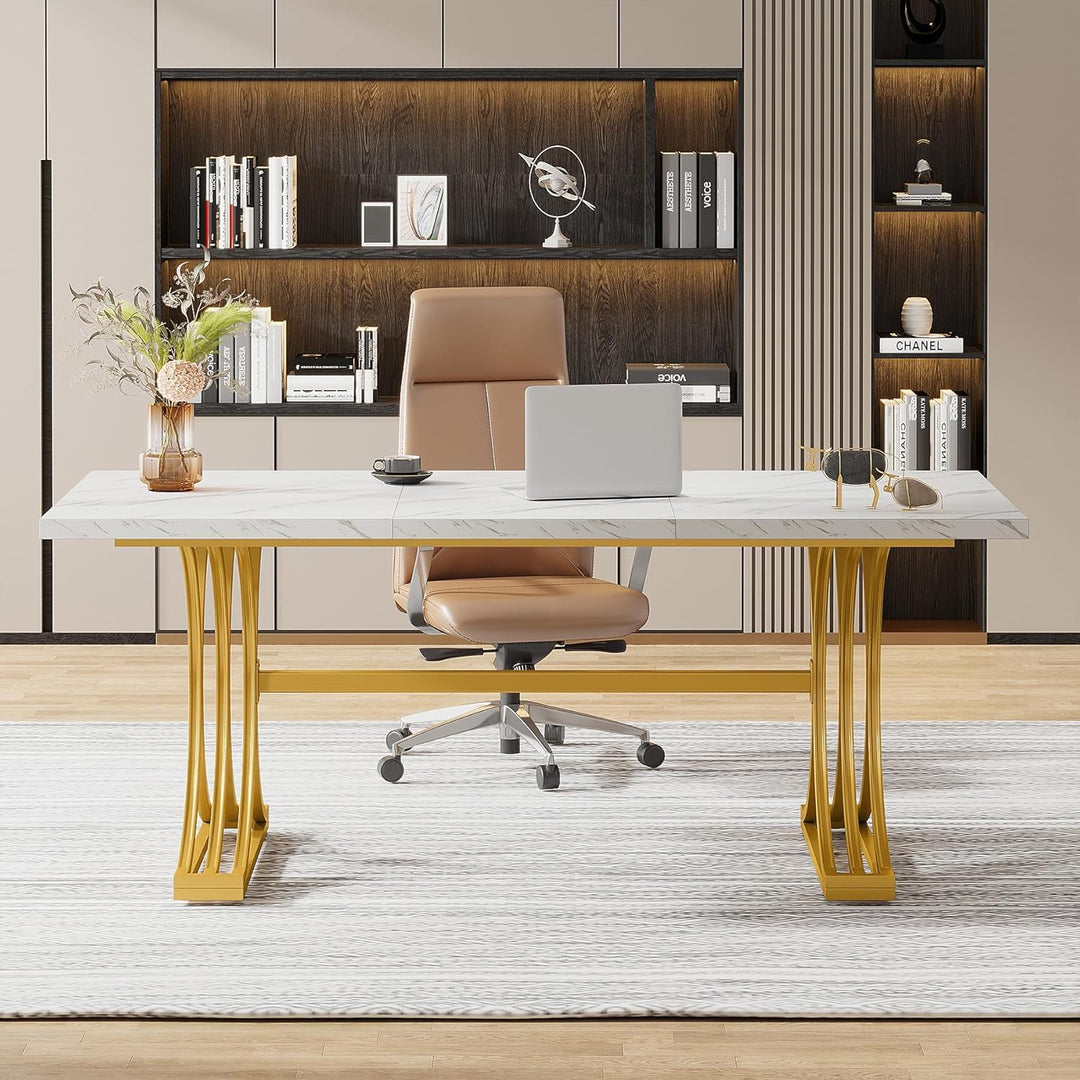 63'' Modern Executive Desk Large Office Computer Desk with Stylish Gold X-Legs