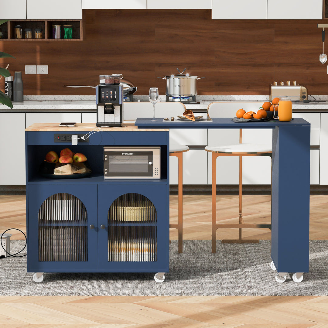 Rolling Navy Blue Kitchen Island on Wheels with LED Lights Power Outlets
