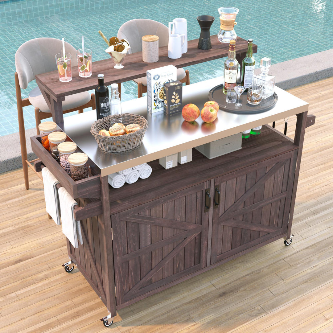 53.3'' Outdoor Rolling Grill Cart Brown Kitchen Island with Raised Shelf