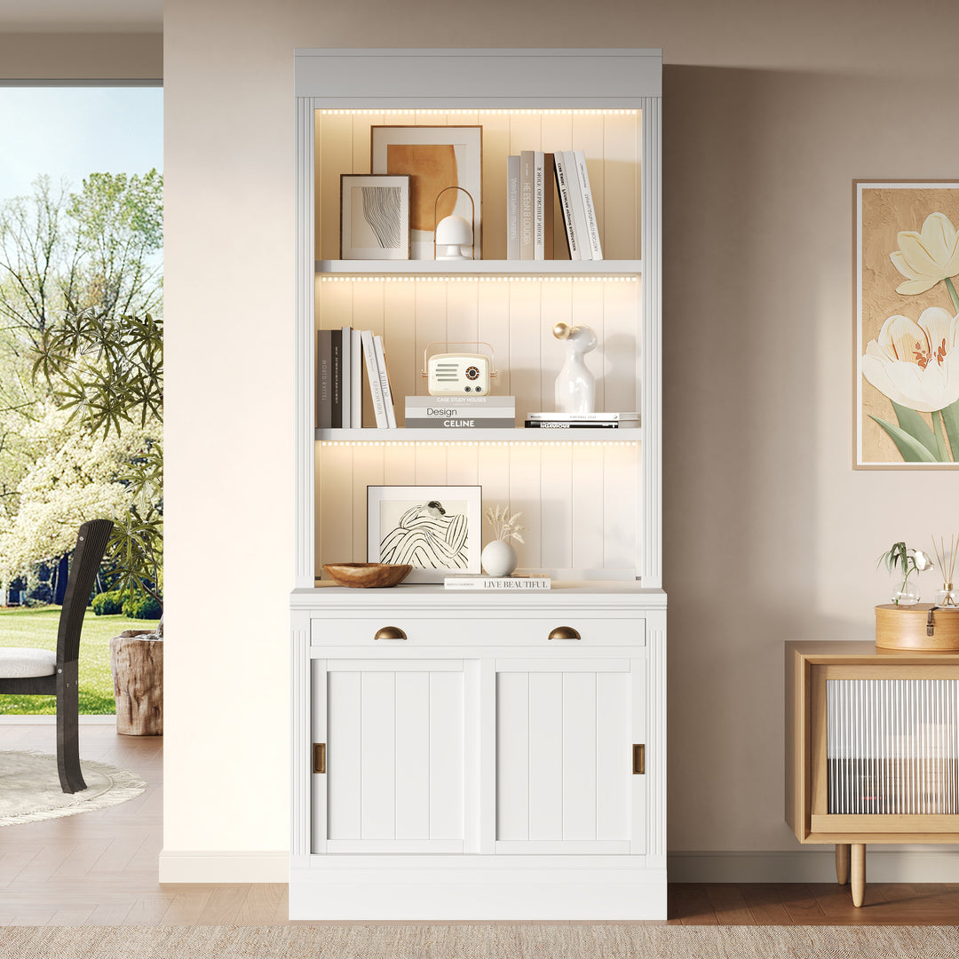 83.4'' Modern Tall White Bookshelf Bookcase with 3-layer LED Lightings
