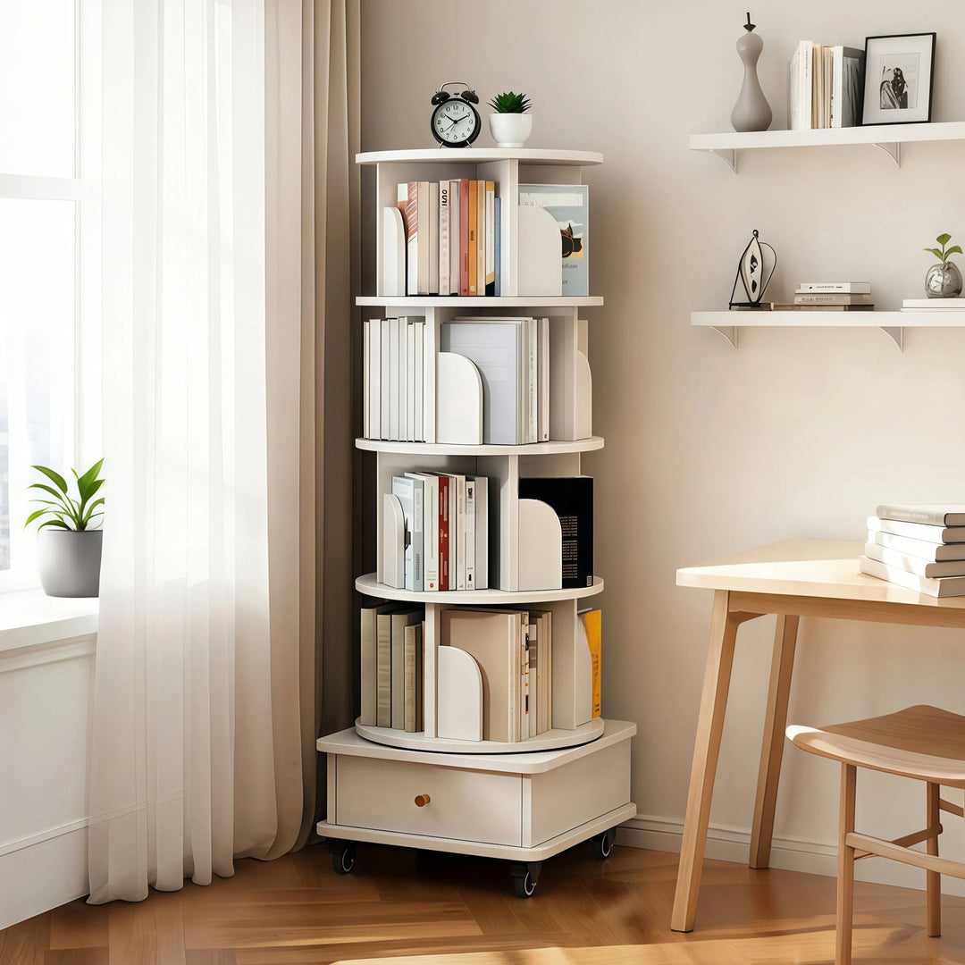 360° Display Round 5 Tier Rotating Bookshelf with Wheels and Drawer