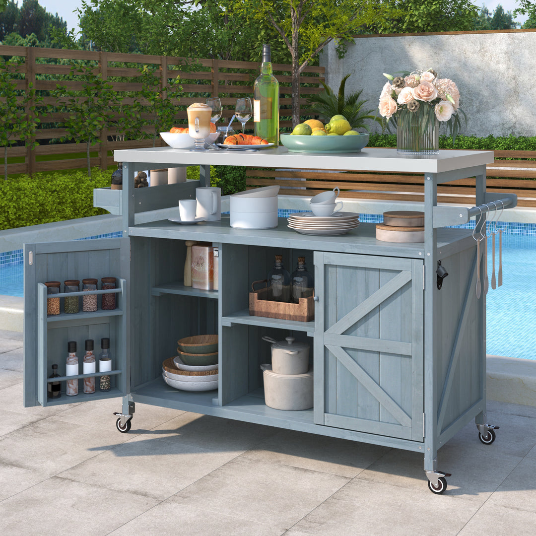 Rolling Grey Blue Outdoor Kitchen Island Bar Cart Grill Table with Storage Cabinet