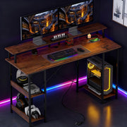 Reversible Computer Desk with Storage with Power Outlets and LED Lights
