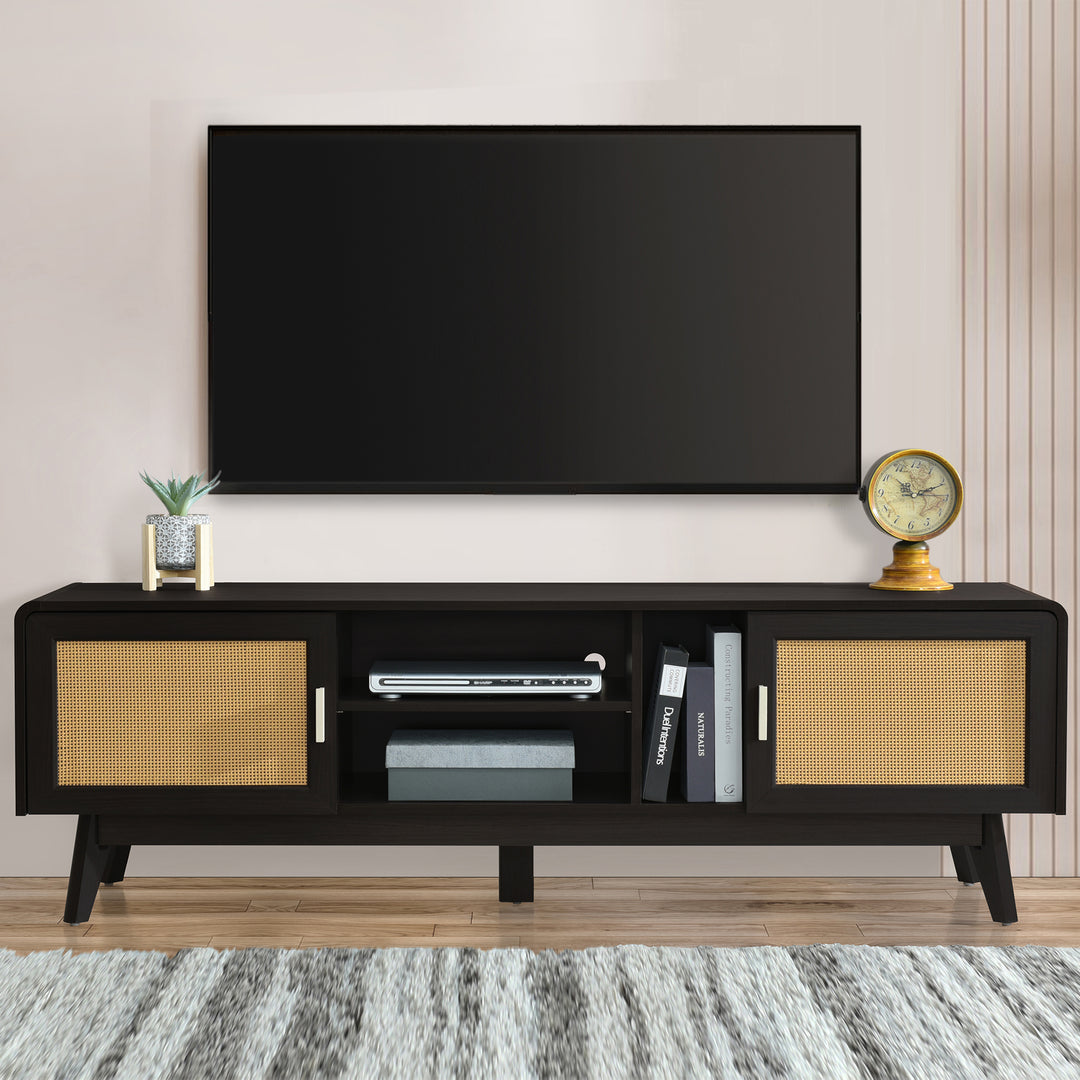 63'' Dark Rattan TV Stand Media Console Table with 2 Storage Cabinets