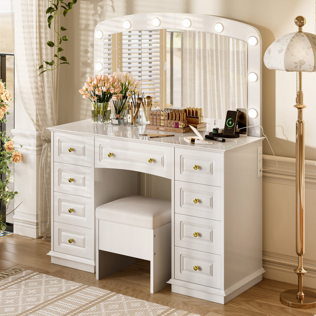 Luxurious White Makeup Vanity with 10 Hollywood Bulbs & 3 Color Lighting Modes
