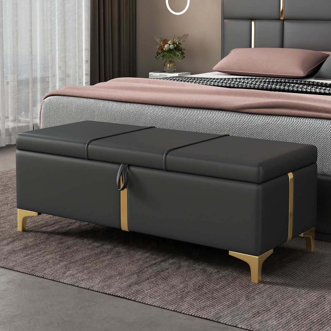 Elegant Upholstered Storage Black Bench Ottoman with Metal Legs