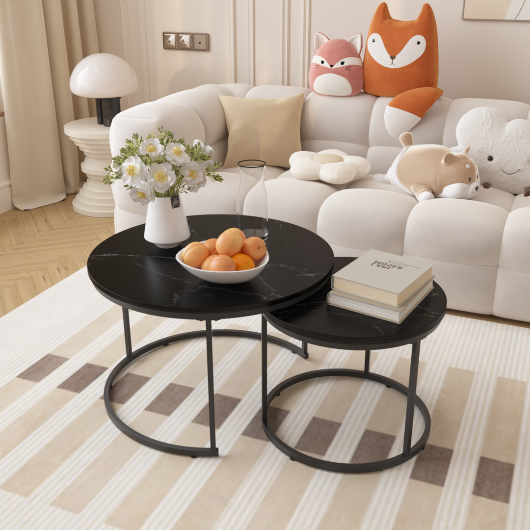27.6''Round Black Coffee Table Wood Marble Pattern Top End Side Table