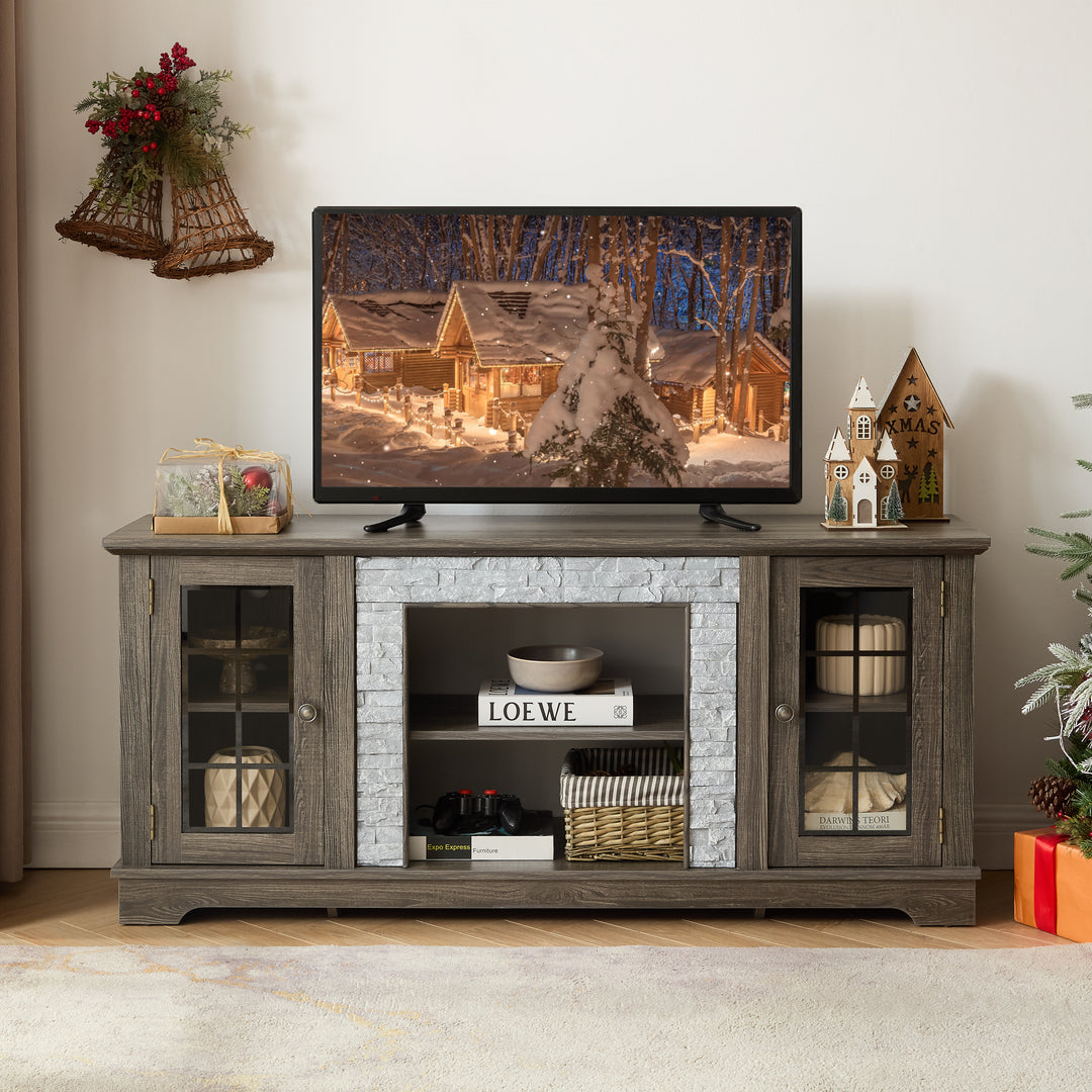 58'' Modern Grey Large TV Stand Faux Stone Media Console Cabinet with 2-Door Storage
