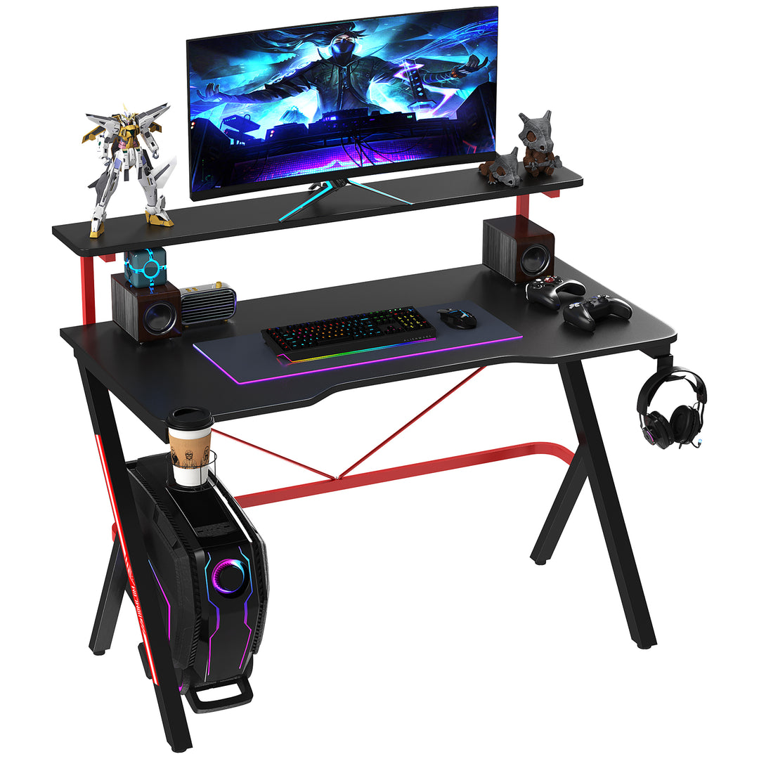 47'' Black Gaming Computer Desk with Elevated Monitor Shelf Rotatable Cup Holder