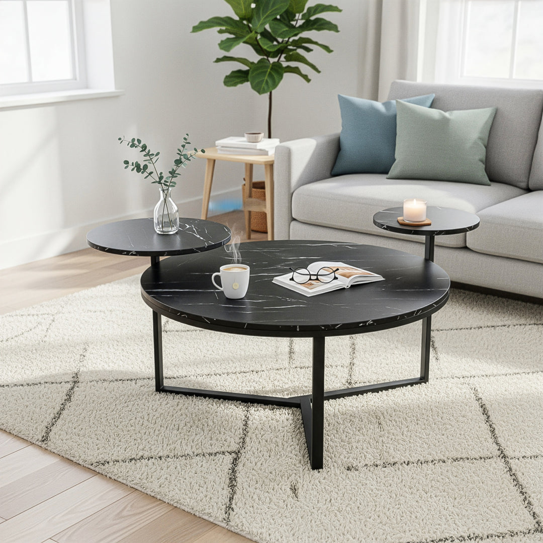 Modern Rounded Black Coffee Table With Two Display Shelves