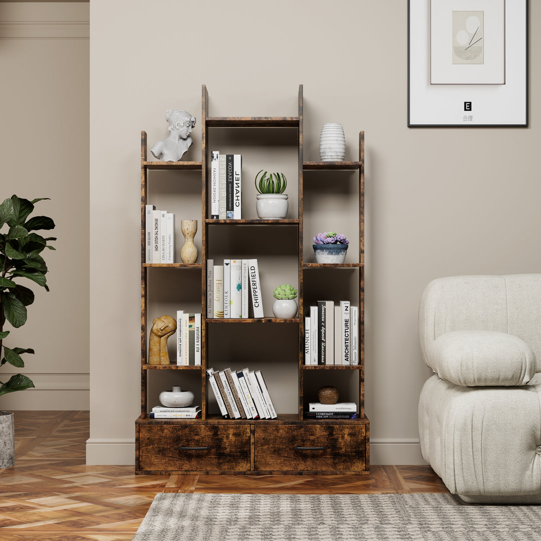 Vintage Industrial Freestanding Open Display Shelving Bookshelf with 2 Drawers