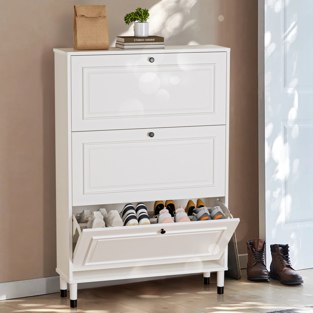 Freestanding White Shoe Cabinet Organizer with 3 Flip Drawers