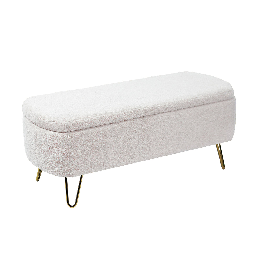 Modern Ivory White Faux Fur Entryway Bench Upholstered Padded with Storage