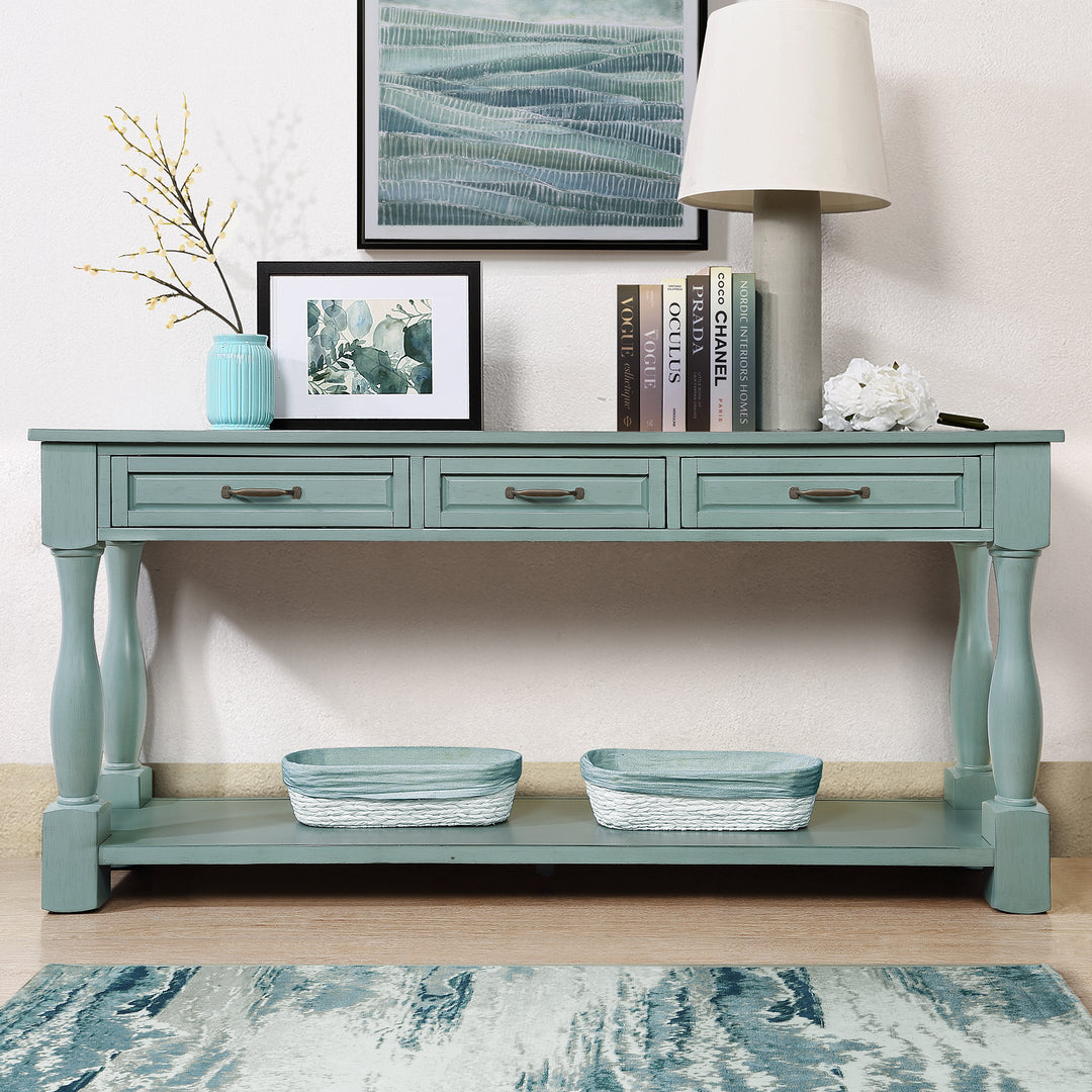63'' Long Wood Retro Blue Console Table with 3 Drawers and 1 Bottom Shelf