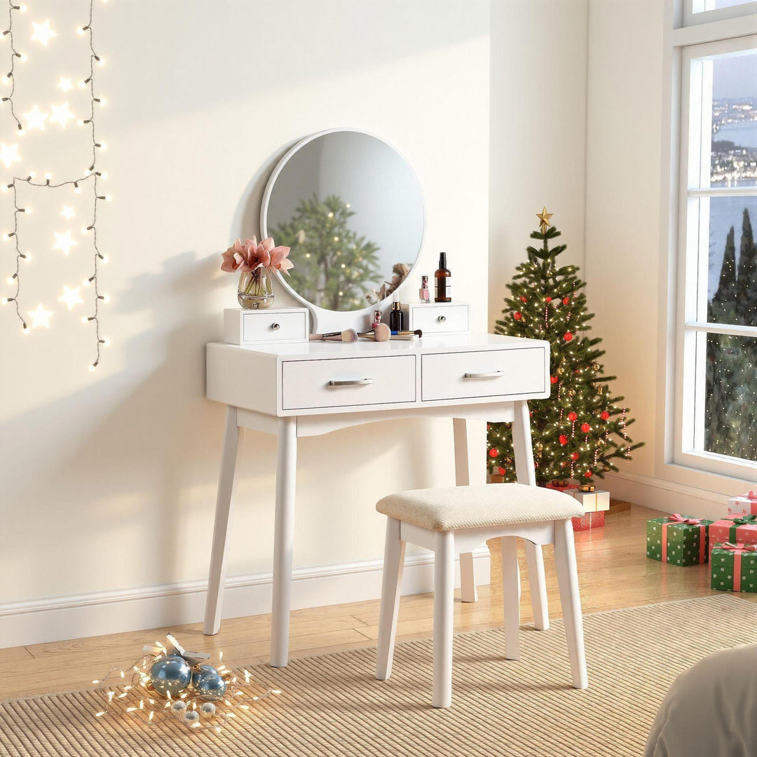 Contemporary Wood White Makeup Vanity Desk and Stool Set