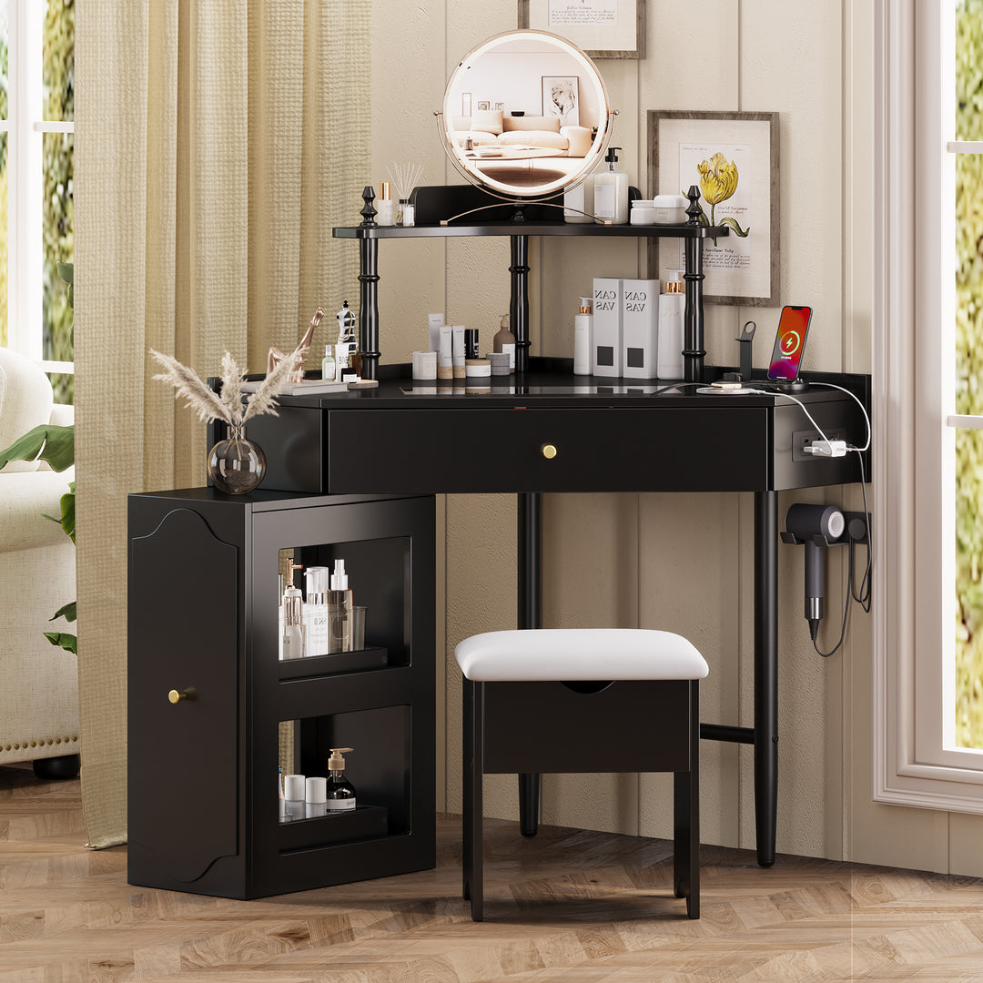 Triangle Black Makeup Vanity Desk Set with Storage Cushioned Stool and Charging Station