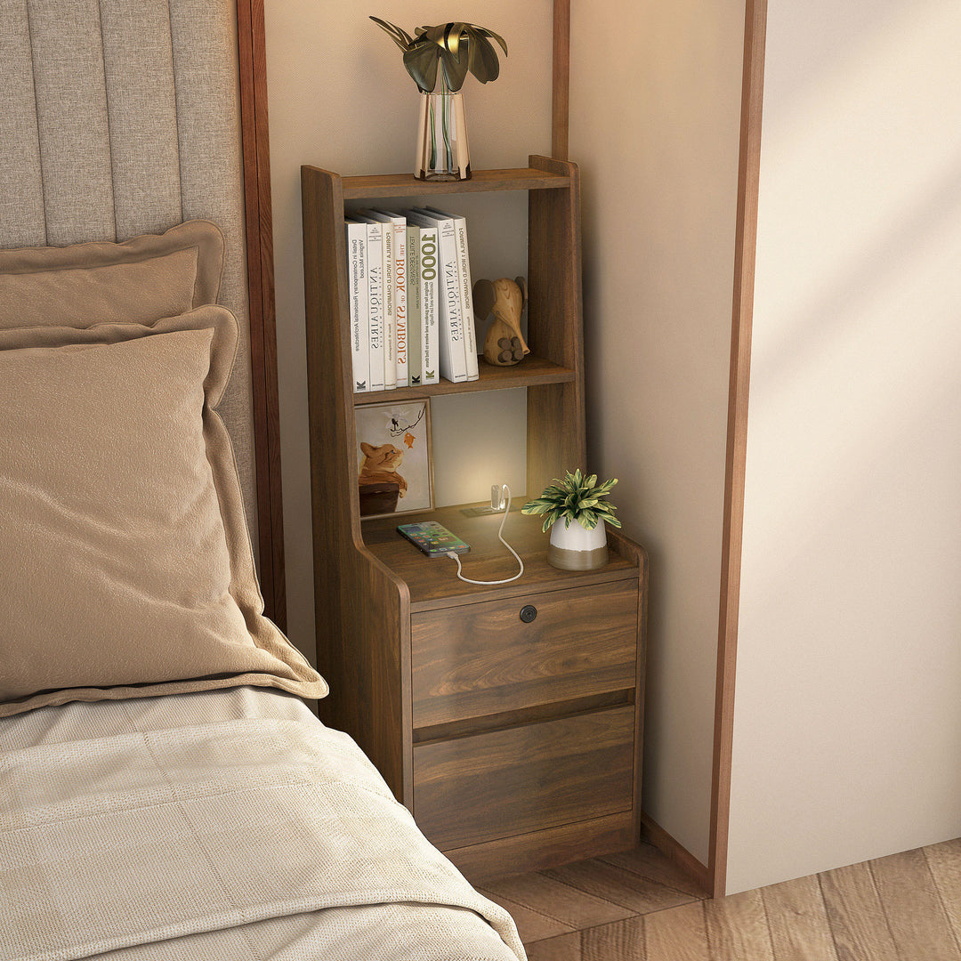 Wood Smart Nightstand with Charging Station Bookshelf & Night Light